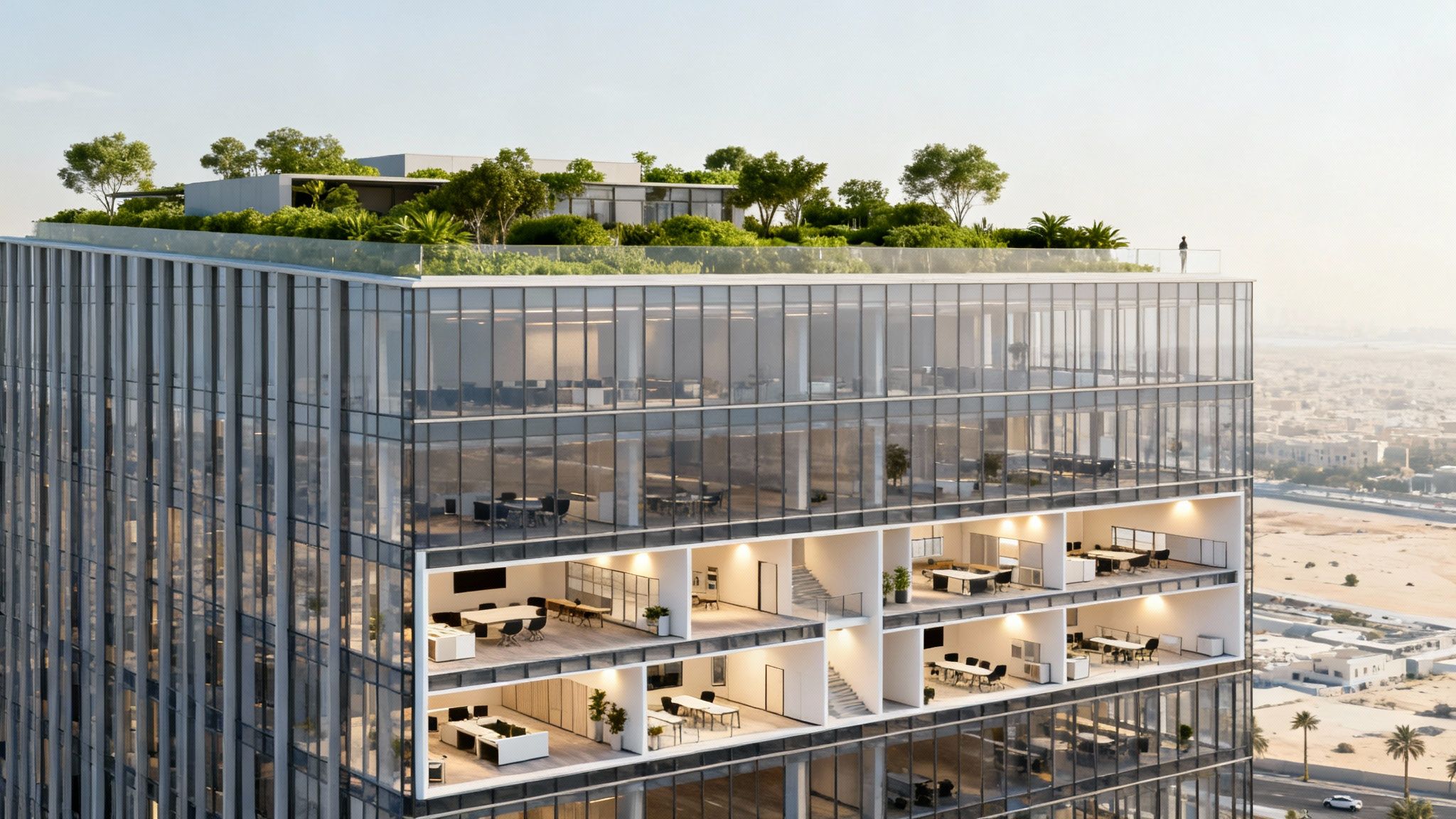 Stylish modern office building with a striking facade in Al Wasl, Dubai.