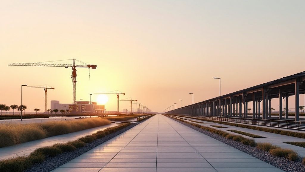 Engineers in a meeting reviewing project plans on a tablet