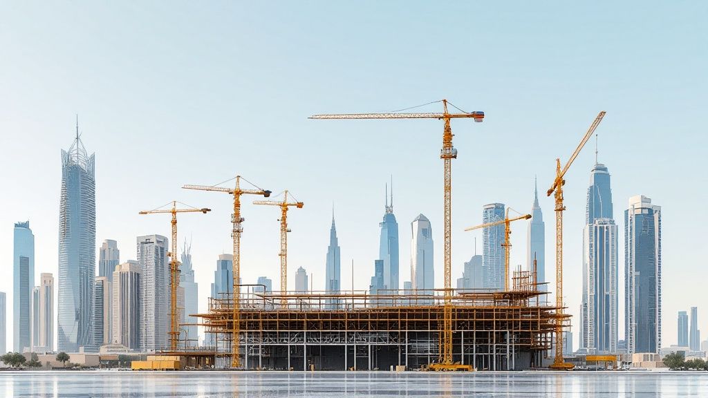Engineers reviewing architectural plans on a construction site in Dubai