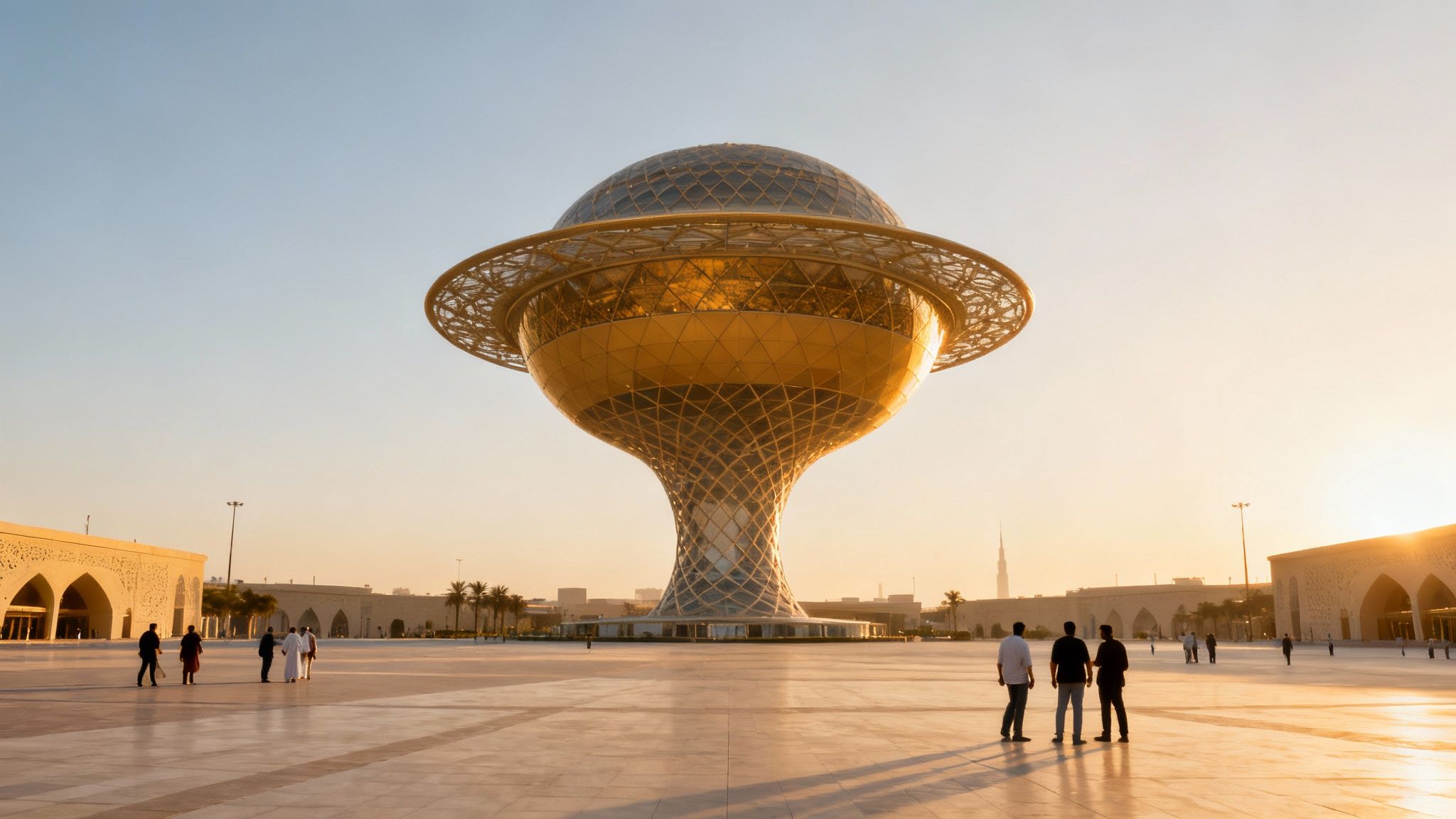 A stunning view of the Al Wasl Centre's illuminated dome at night
