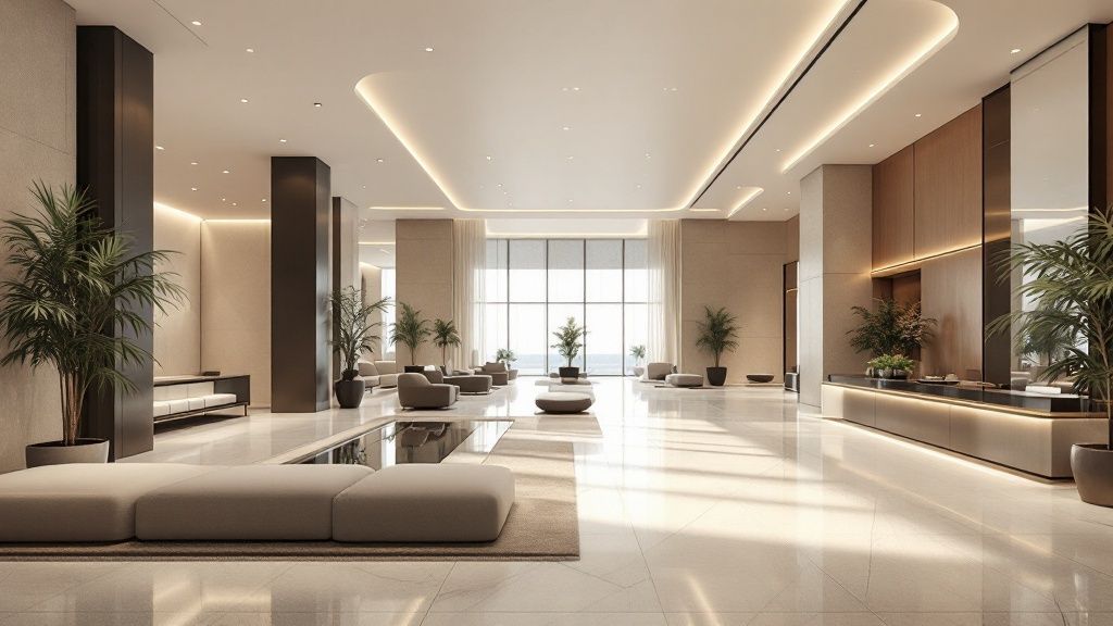 An aerial view of the Wasl Tower on Sheikh Zayed Road with the Dubai skyline in the background