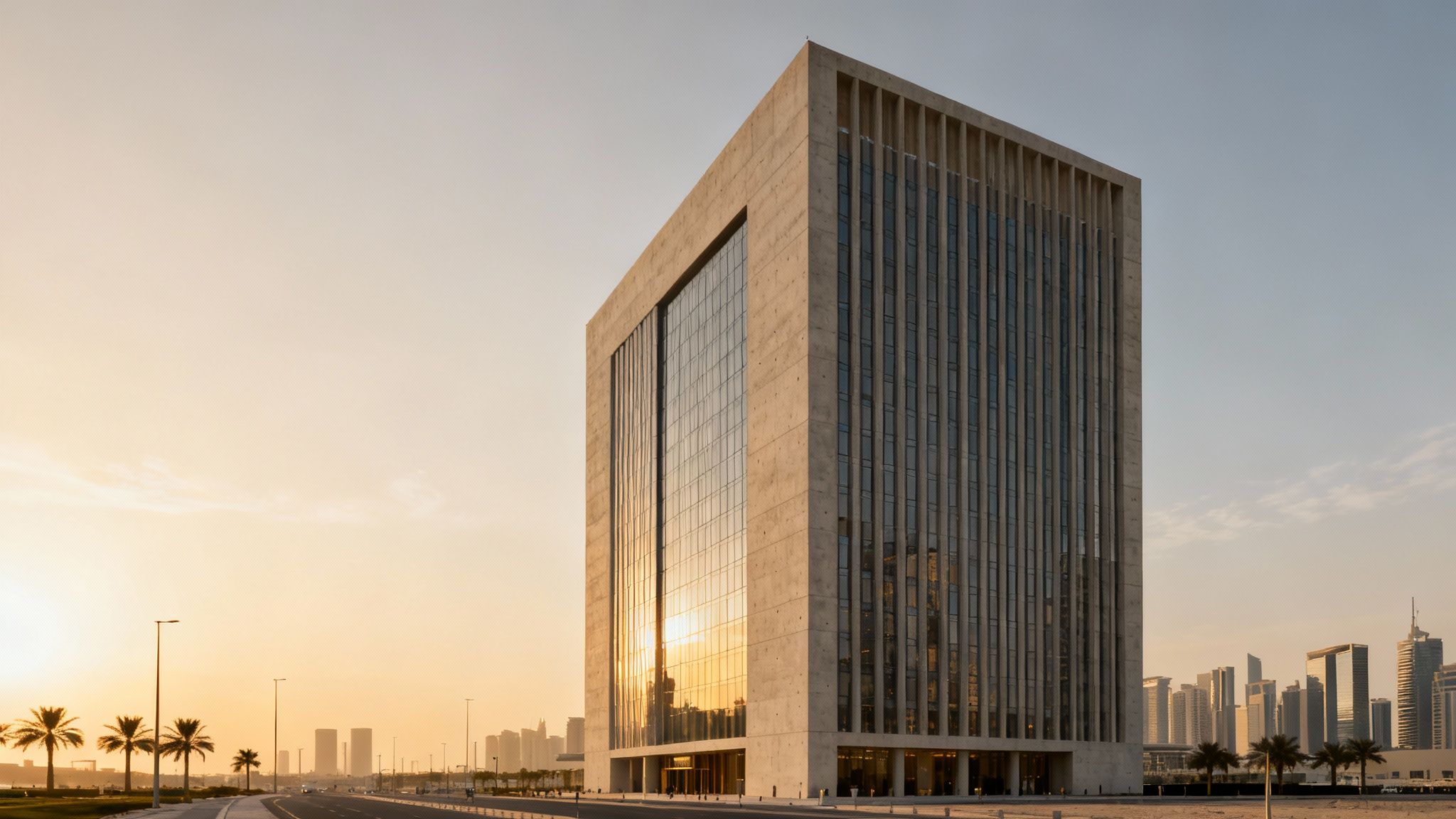 Two tall skyscrapers of Business Central Tower A in Dubai Media City against a blue sky