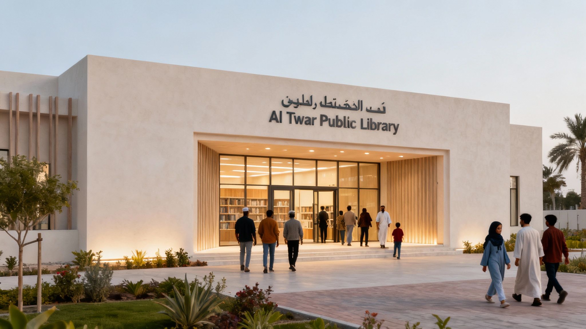 Modern exterior of the Al Twar Public Library in Dubai, showcasing its architectural design.