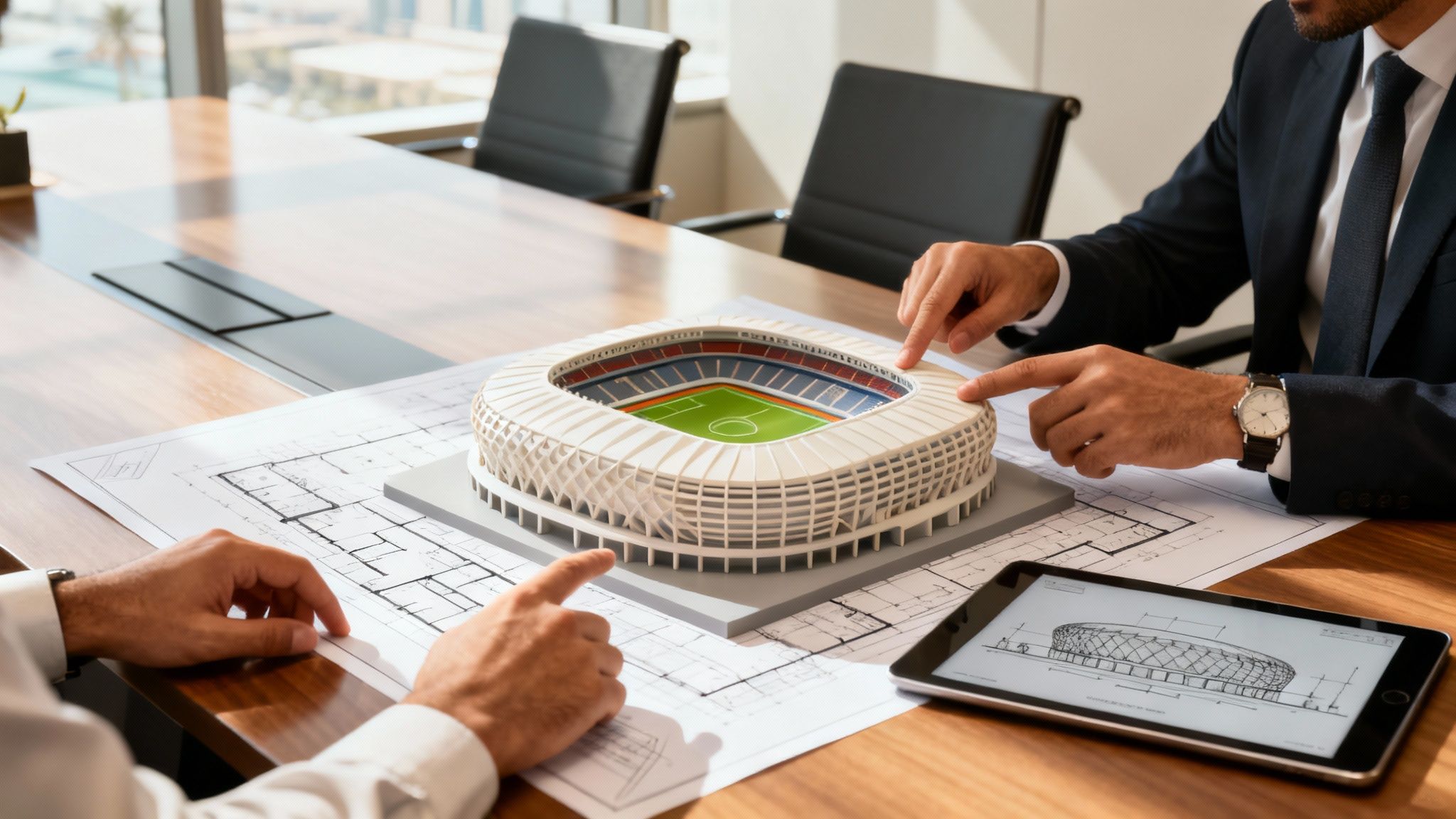 Engineers reviewing blueprints for a Dubai football stadium