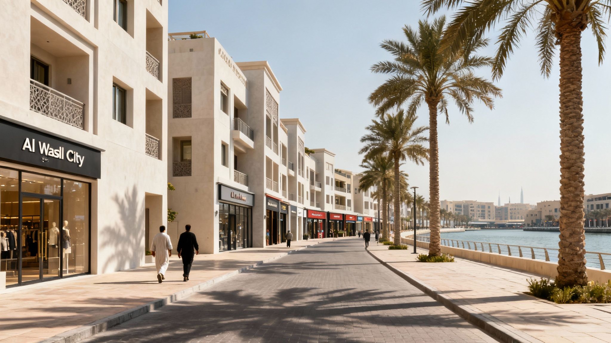 A modern apartment building with balconies in Al Wasl, Dubai, under a clear blue sky