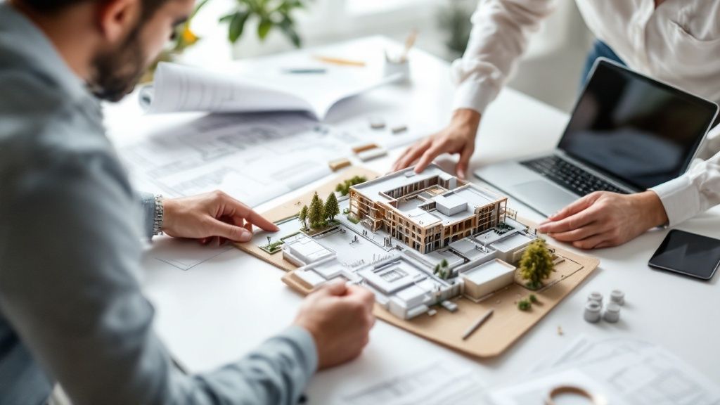 A professional reviewing official building blueprints and documents, symbolising the Dubai permitting process.