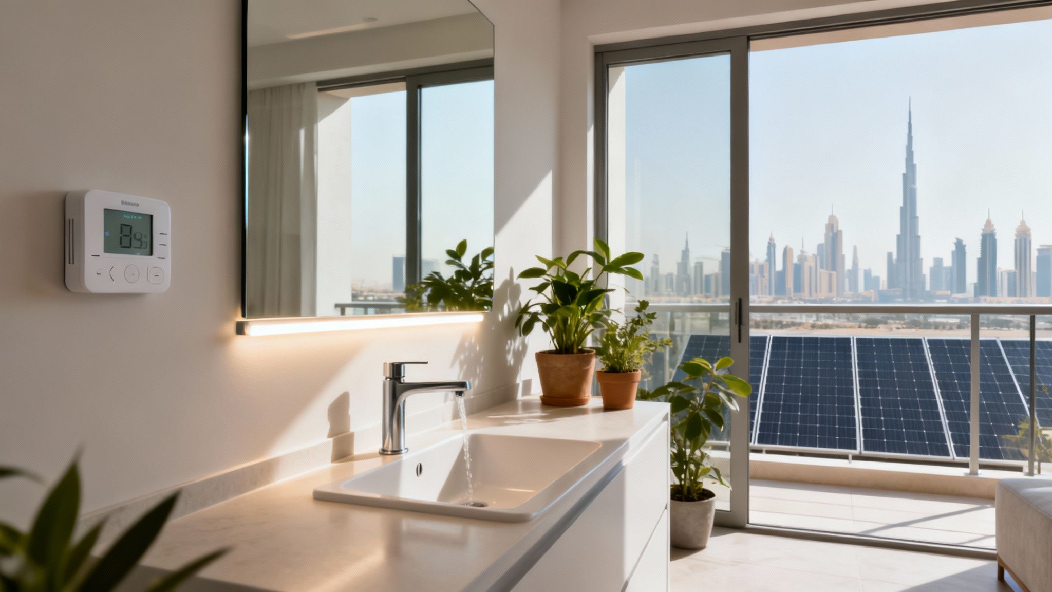 A modern living room with smart home technology controls visible on a wall-mounted tablet