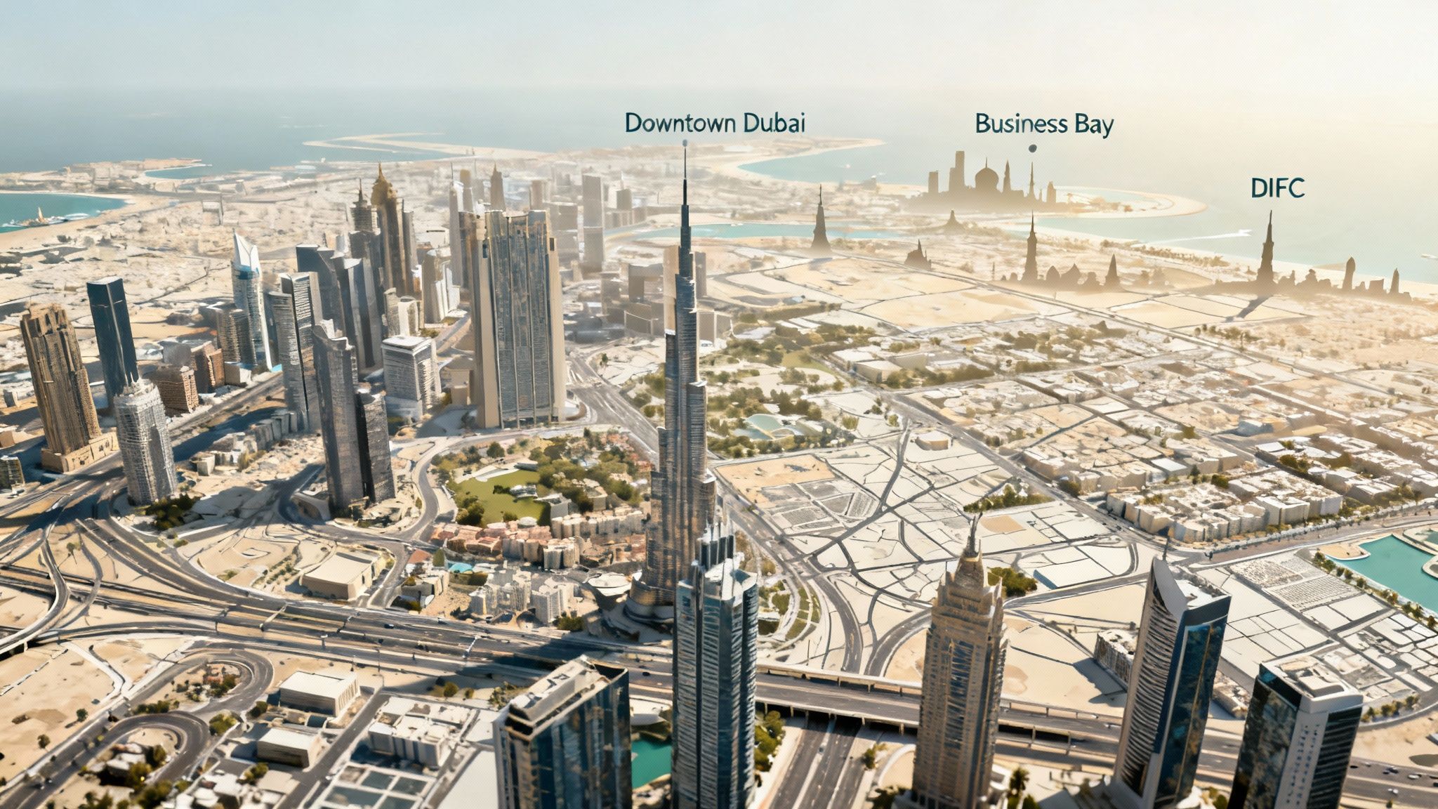 An aerial view of Dubai's bustling commercial districts with modern skyscrapers