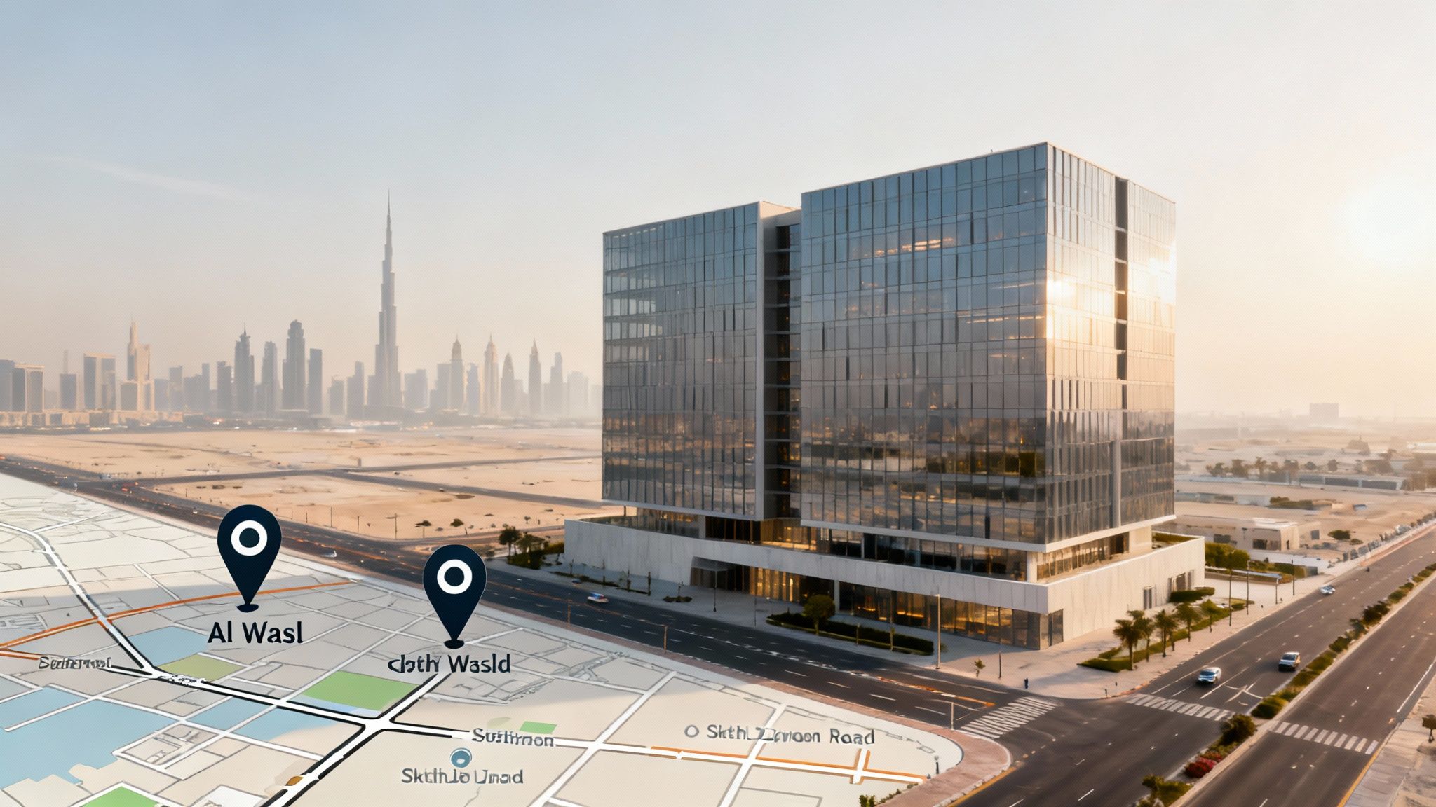 Modern office buildings in Al Wasl, Dubai, showcasing architectural design and infrastructure.