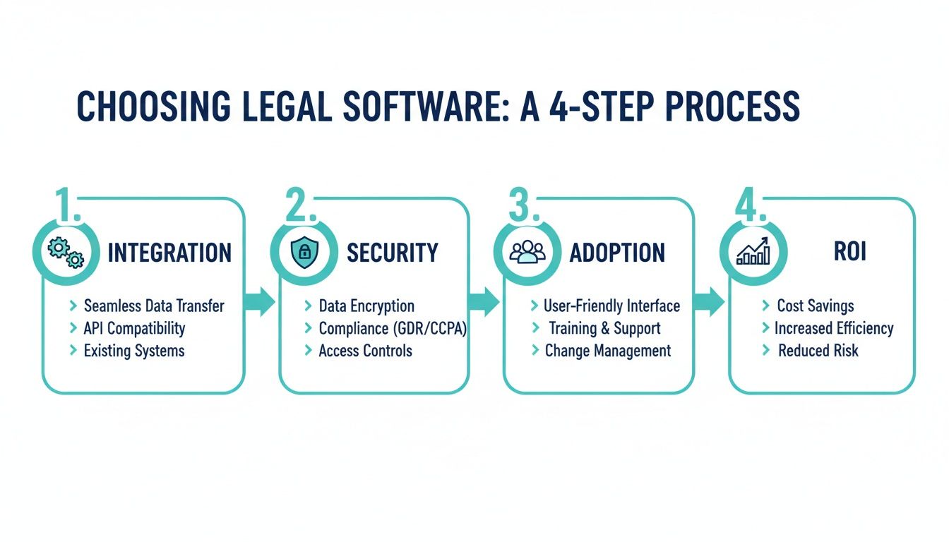Flowchart outlining a 4-step process for choosing legal software: integration, security, adoption, and ROI.