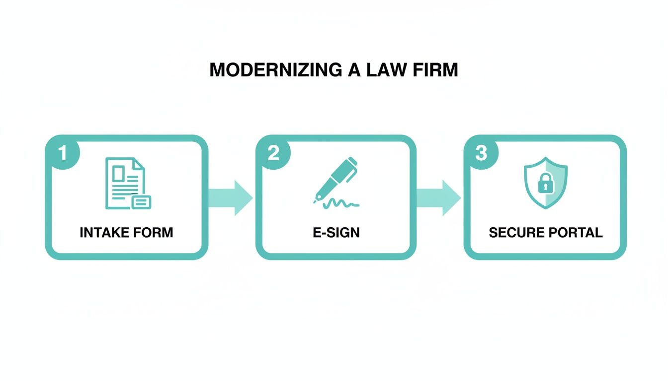 A three-step process diagram illustrating how to modernize a law firm: intake form, e-sign, and secure portal.