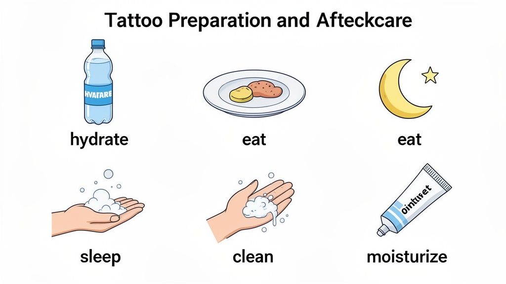 Six icons illustrating tattoo preparation and aftercare, including hydration, eating, rest, cleaning, and moisturizing.
