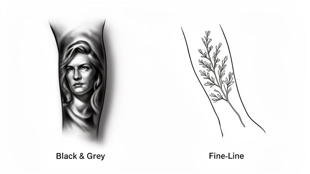 Two distinct tattoo styles on arms: a realistic black and grey portrait and a delicate fine-line branch.