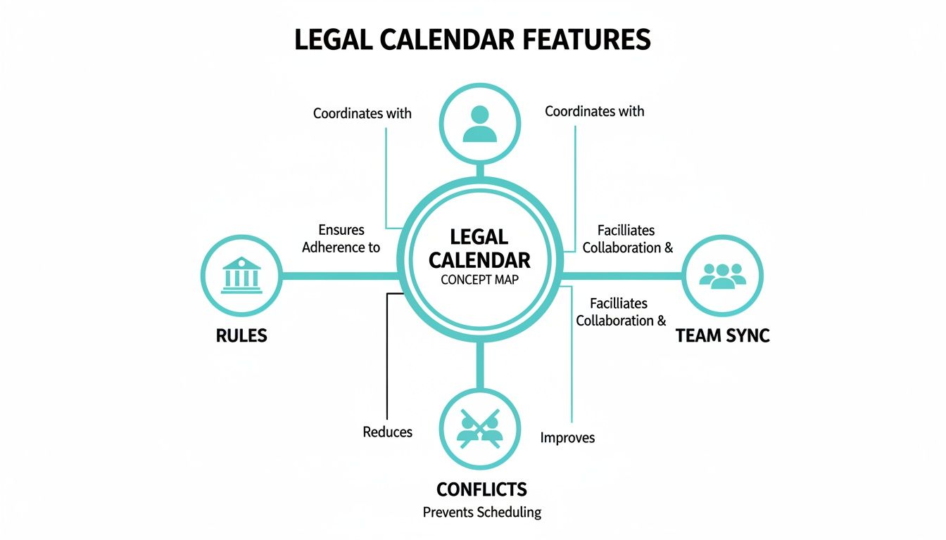 A concept map illustrating the features of a legal calendar, showing its coordination, rule adherence, team sync, and conflict reduction.