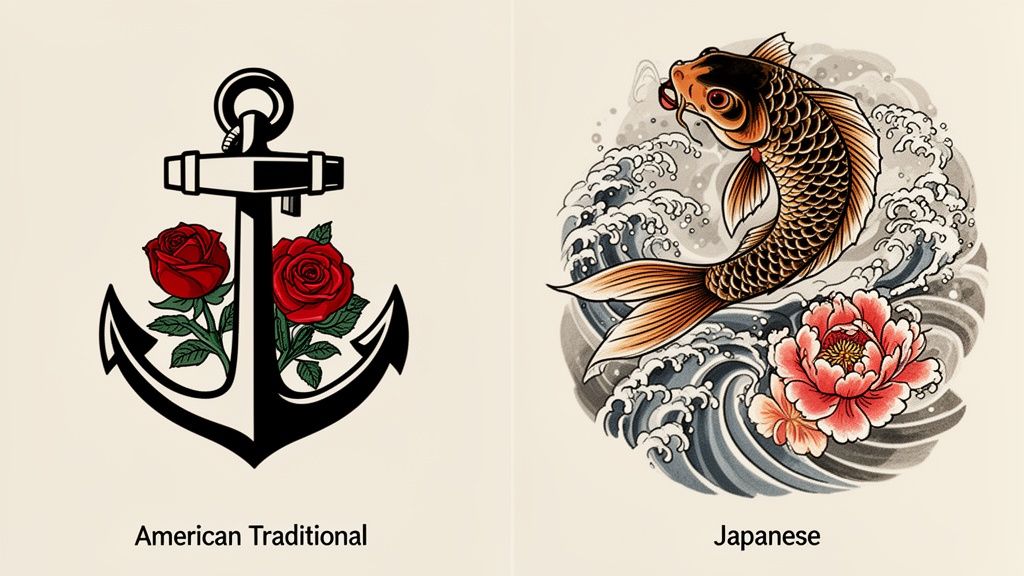 Two distinct tattoo styles: American Traditional anchor with roses, and Japanese koi fish with peony.