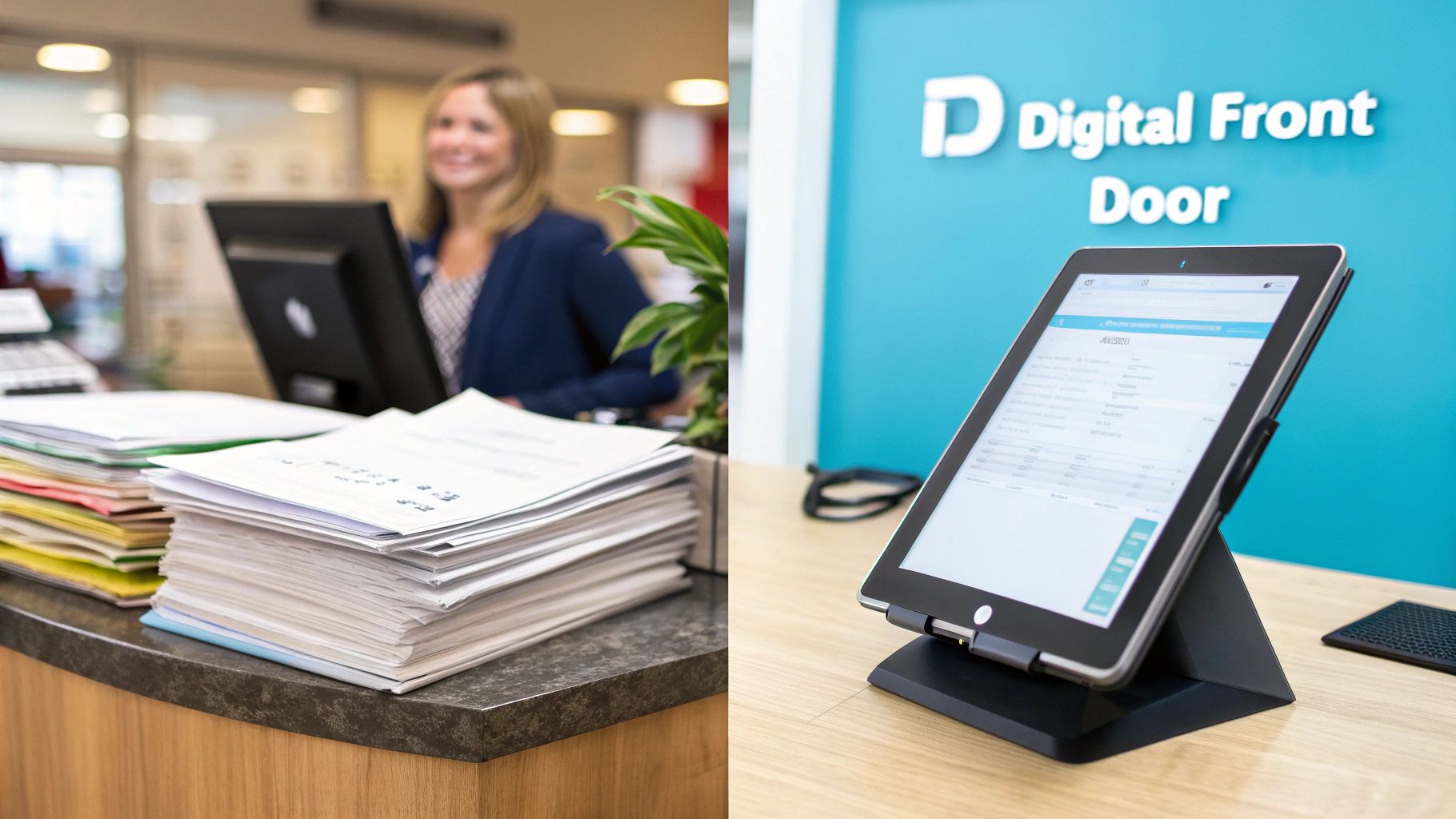 A smiling receptionist at a desk with paper documents next to a tablet displaying a 'Digital Front Door' client intake screen.