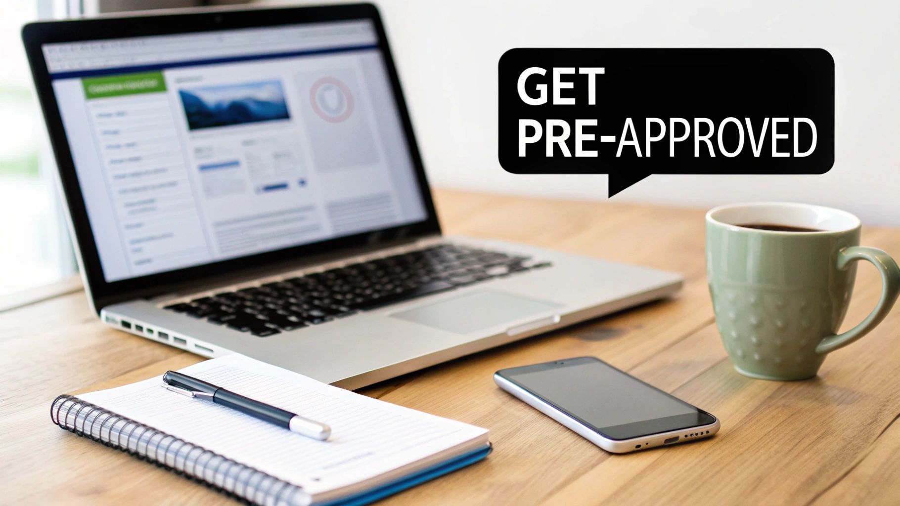 A workspace with a laptop, phone, notebook, coffee, and "GET PRE-APPROVED" text overlay.