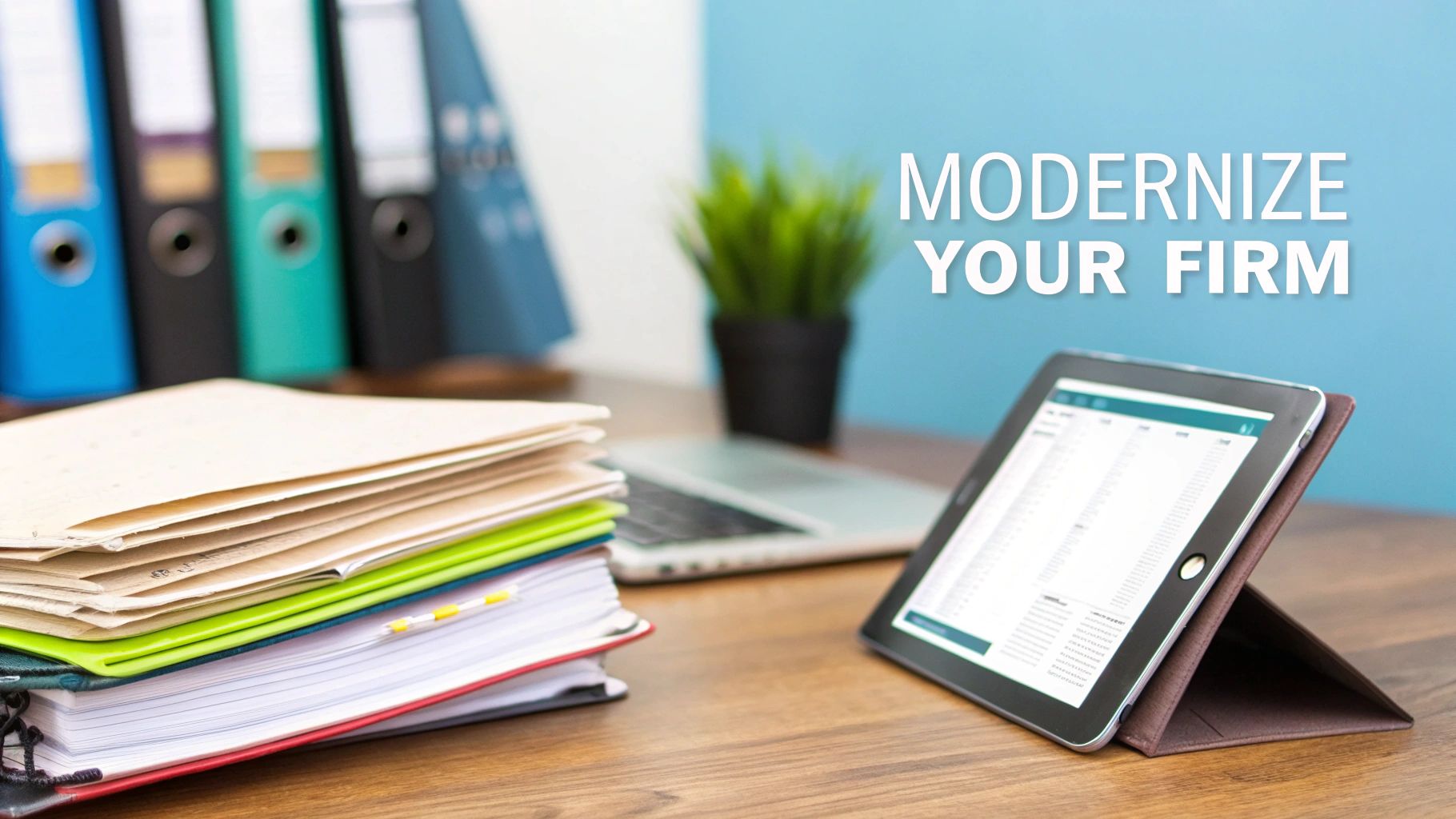 An office desk with old paper files next to a modern tablet and laptop, symbolizing firm modernization.