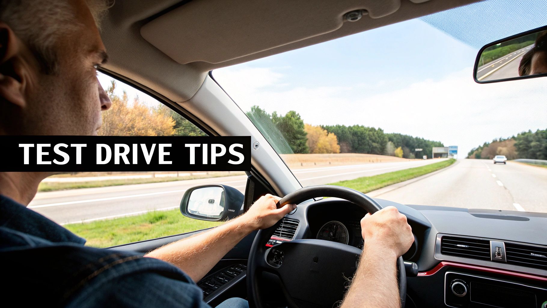 A man's perspective from inside a car, driving on a highway, with 'TEST DRIVE TIPS' overlay.