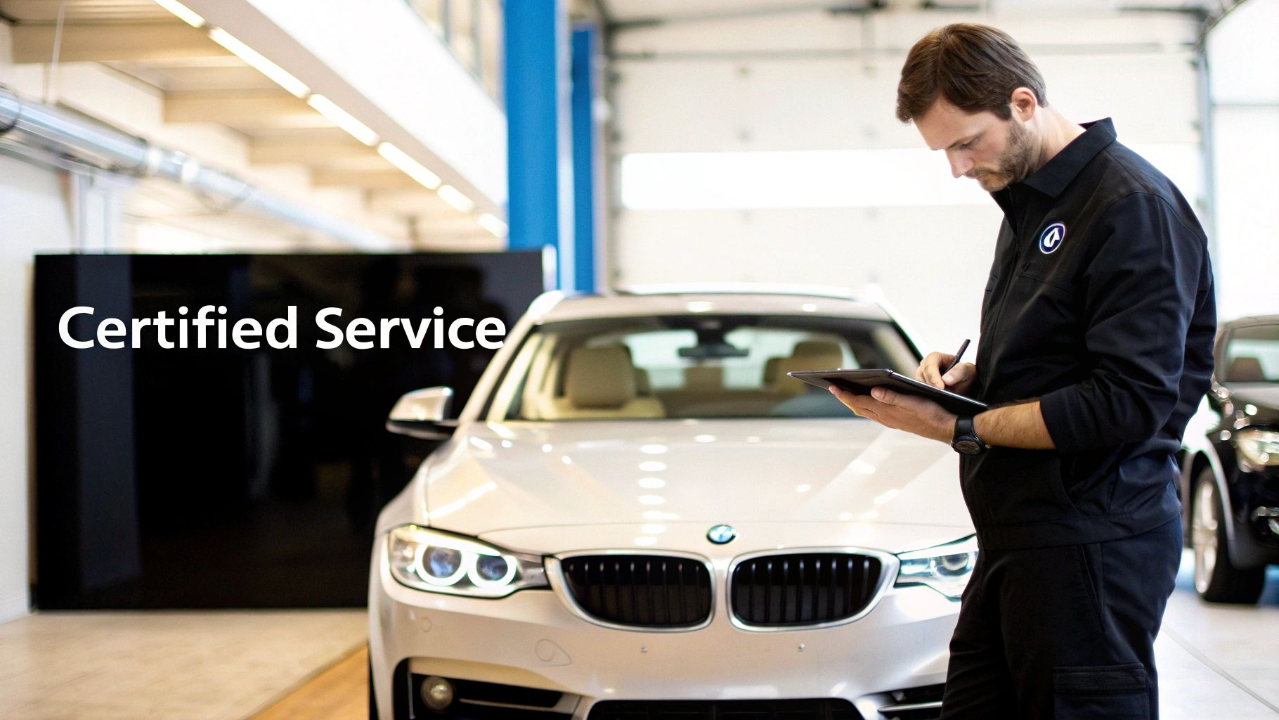 A certified service technician inspects a white BMW in a workshop, taking notes on a tablet.