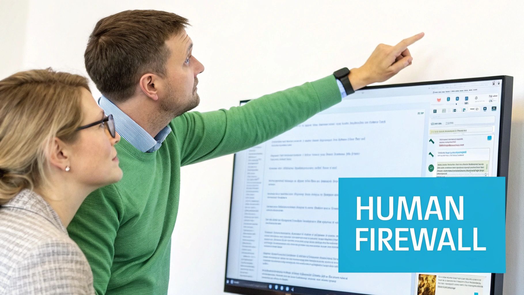 Two professionals, a man pointing at a computer screen, collaborate on digital security matters highlighted by 'HUMAN FIREWALL' text.