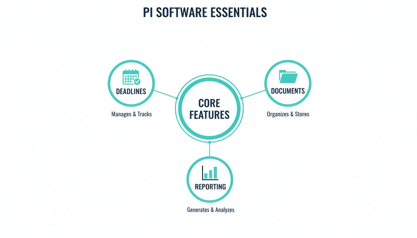 Infographic detailing personal injury software core features like deadlines, documents, and reporting for case management.
