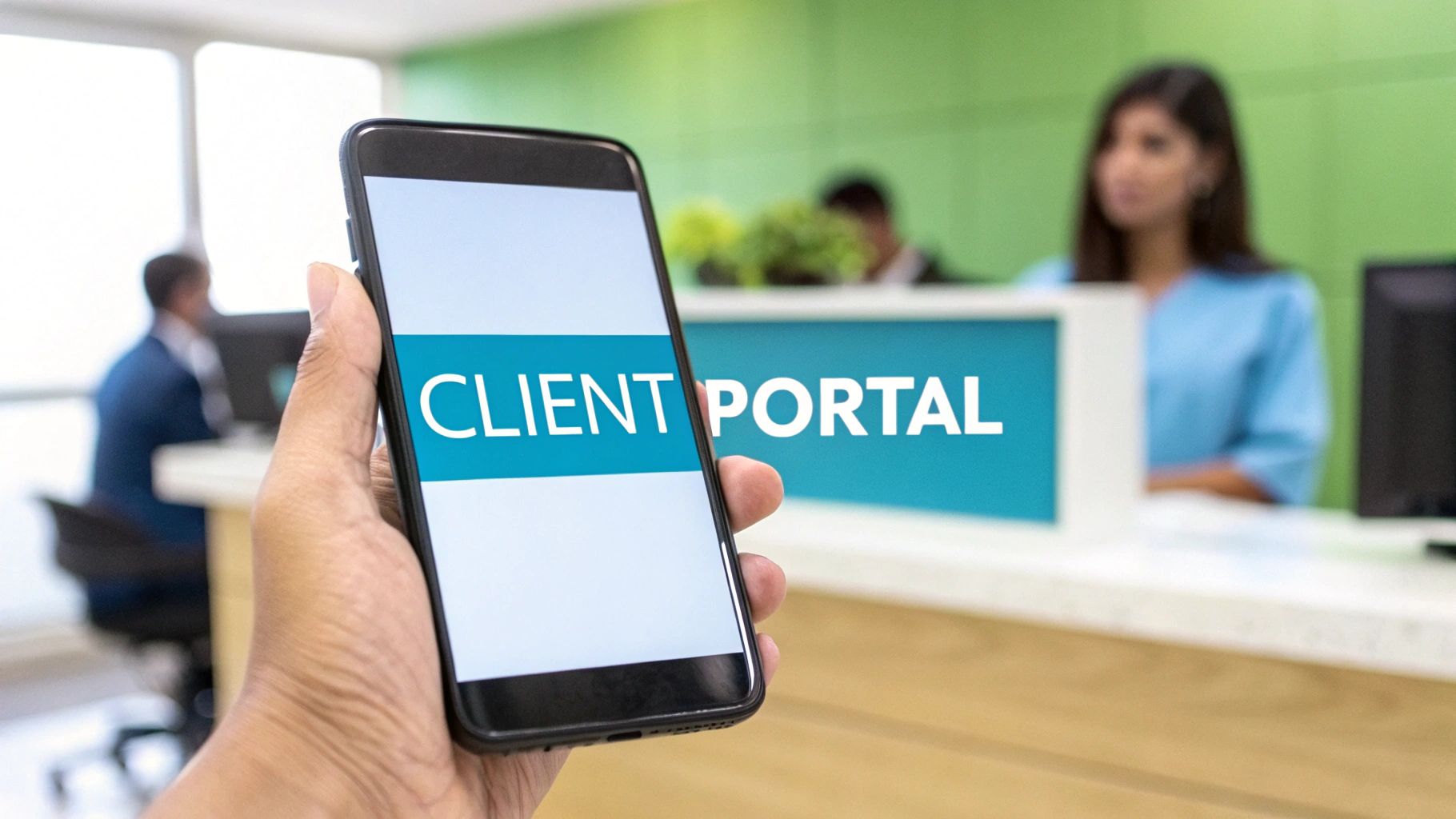 A hand holds a smartphone displaying 'Client Portal' in an office setting with a matching sign.