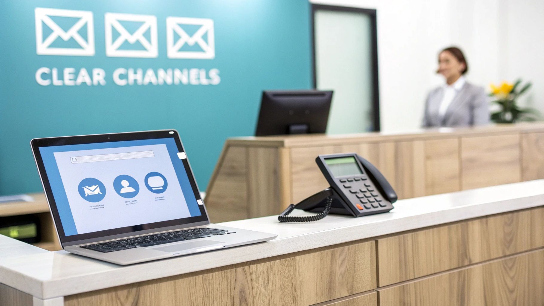 A modern office reception desk with a laptop showing a communication interface and a black desk phone.