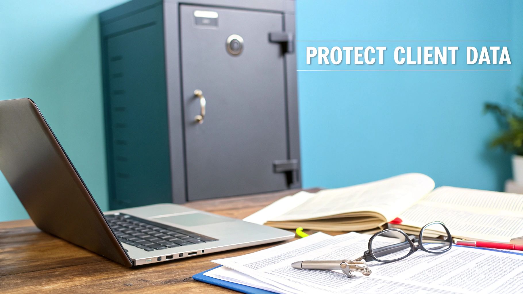 A laptop, documents, and glasses on a desk with a safe in the background, displaying 'PROTECT CLIENT DATA'.
