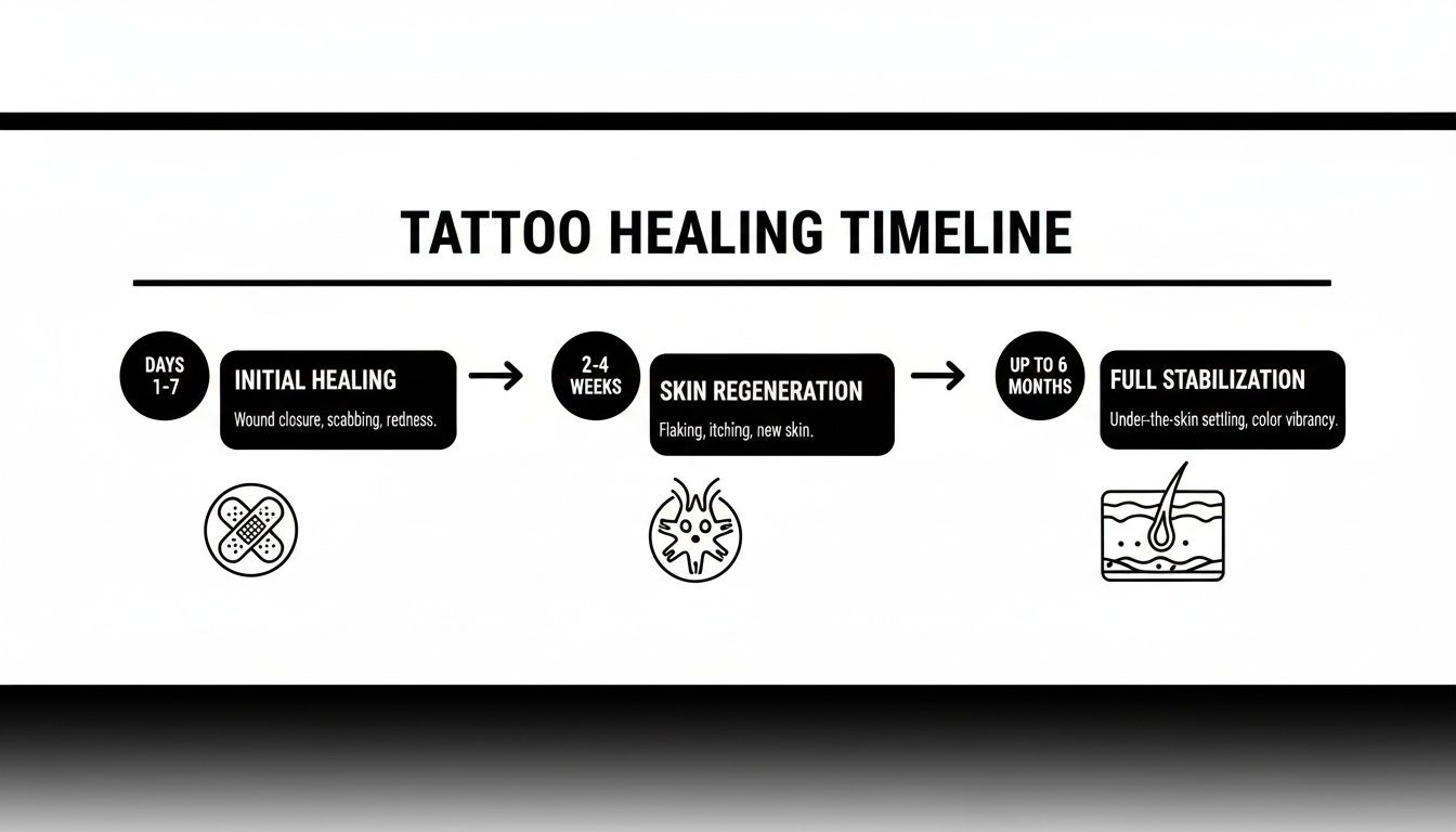 An infographic illustrating the tattoo healing timeline, showing initial healing, skin regeneration, and full stabilization stages.