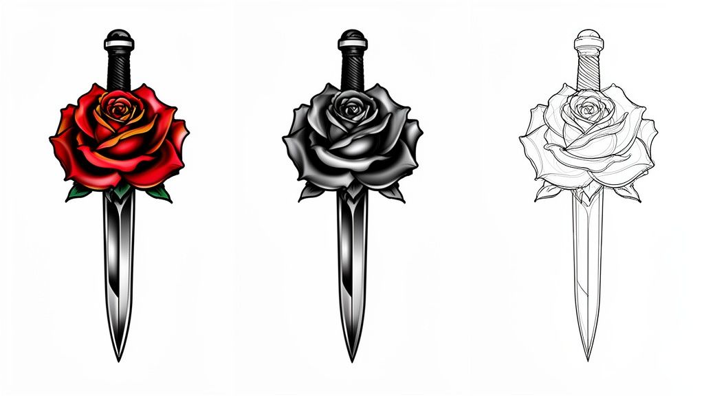 Three artistic renditions of a dagger with a rose, including red, grayscale, and line art.
