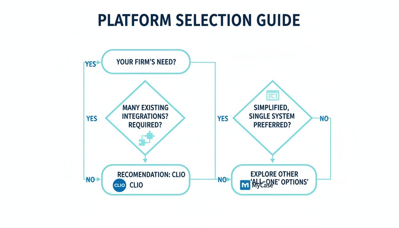 Platform selection guide flowchart for legal firms to choose between Clio and MyCase.