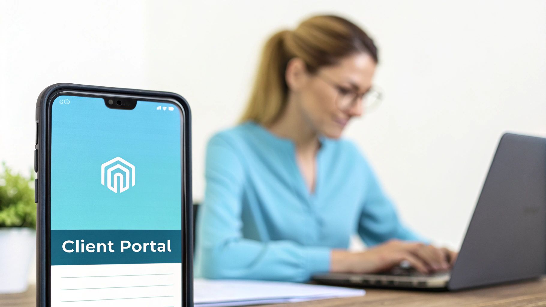 A smartphone in the foreground displays a 'Client Portal' app, with a woman working on a laptop in the background.
