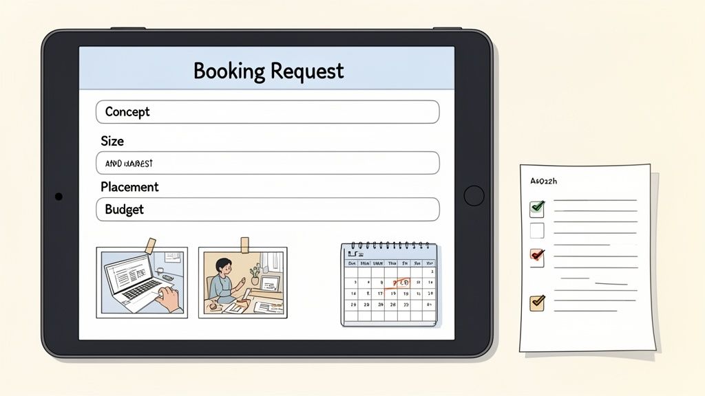 A tablet displays a 'Booking Request' form with fields, images, and a calendar, beside a checklist.