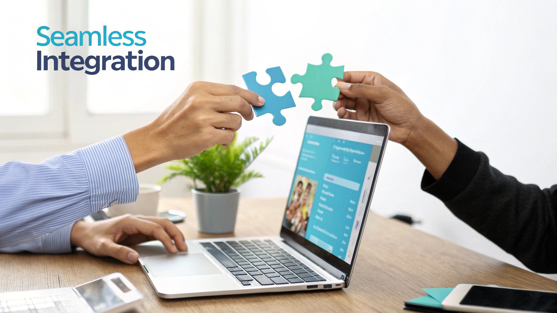 Hands connecting puzzle pieces above a laptop, symbolizing seamless software integration and collaboration.