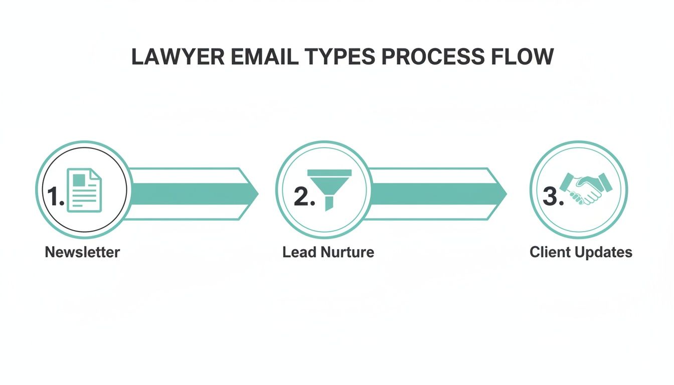 Process flow diagram illustrating lawyer email types: newsletter, lead nurture, and client updates.