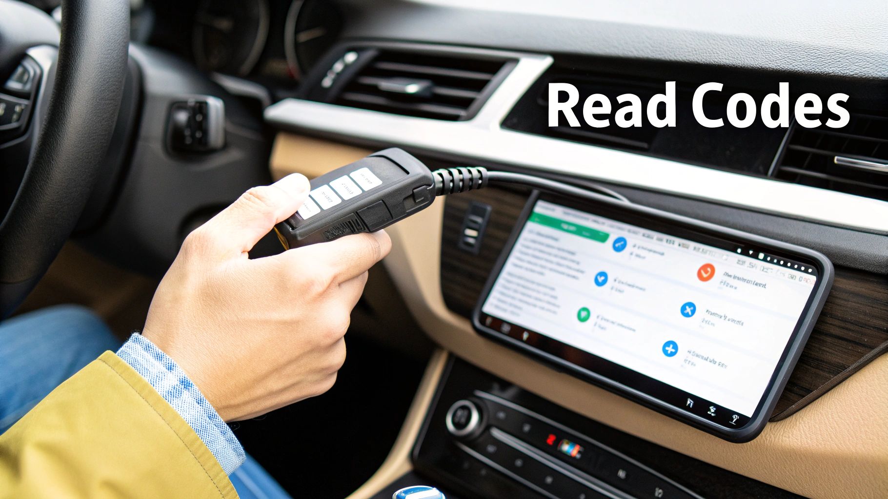 A person in a car holding a diagnostic tool connected to a tablet, displaying vehicle codes.