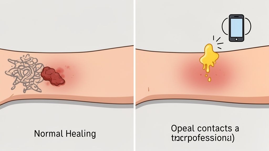 Two panels show tattoo healing; one with normal scabbing, the other an infected area with pus and a phone.