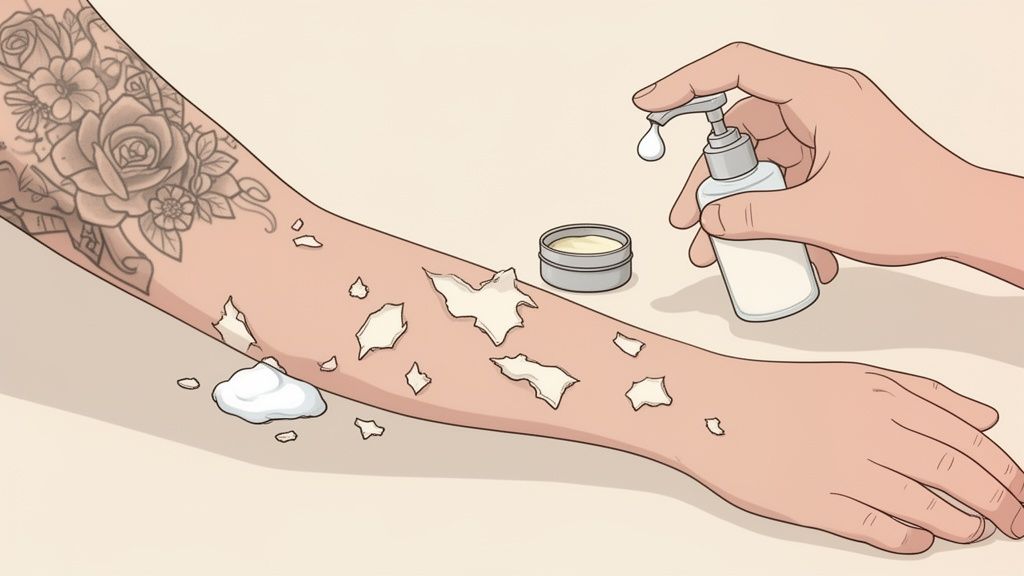 An arm with a healing tattoo and dry, peeling skin, being moisturized with lotion and balm.