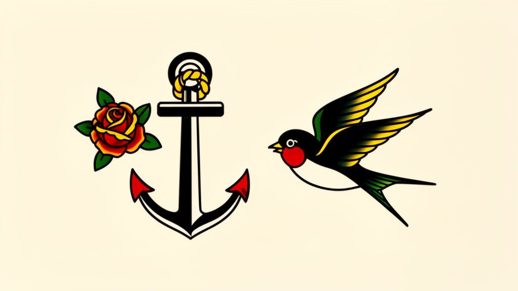 Colorful traditional American tattoo art featuring a red rose, a black anchor, and a swallow bird.