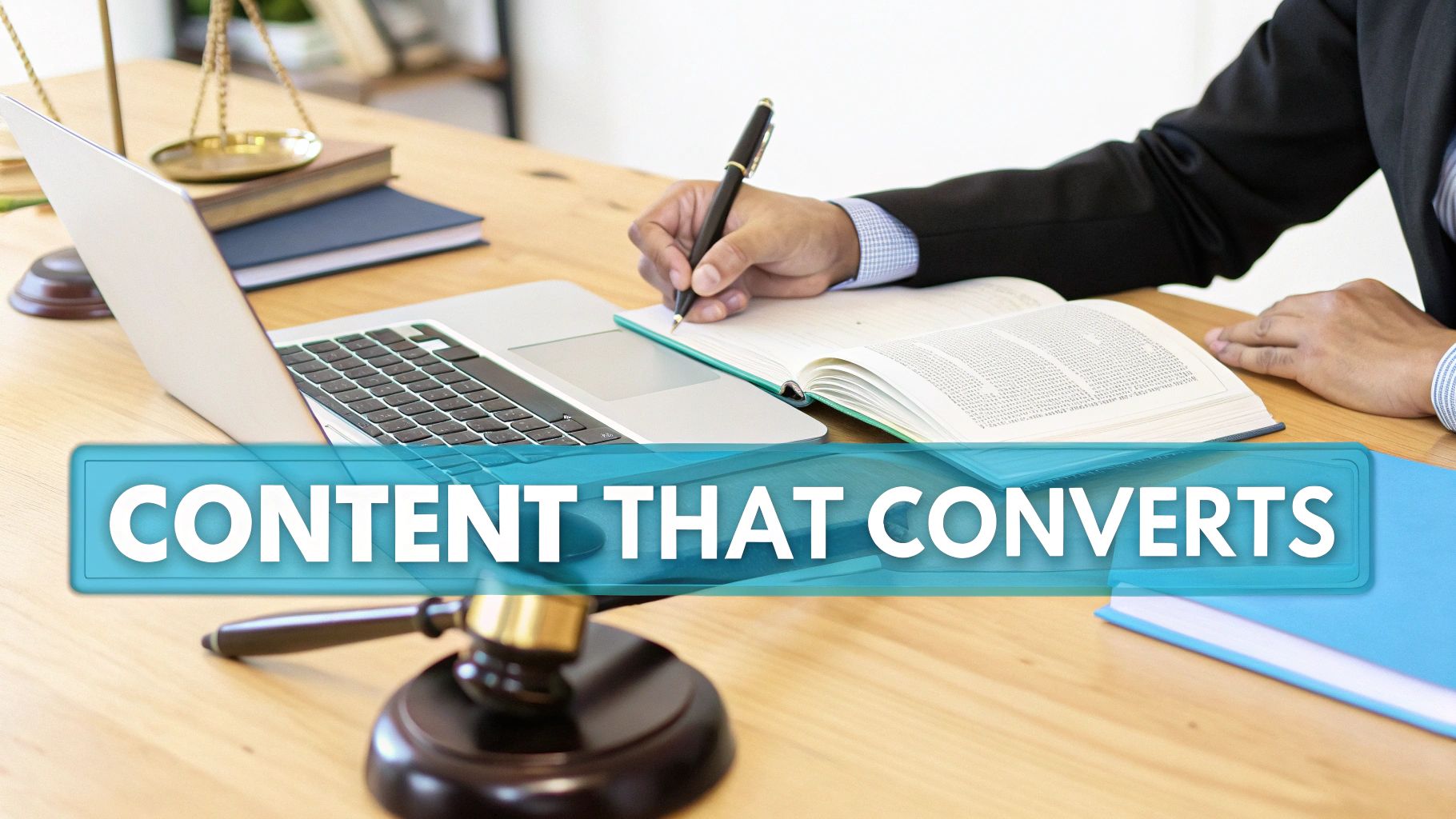 A legal professional writing in a book at a desk with a laptop, gavel, and scales of justice, overlaid with 'CONTENT THAT CONVERTS'.