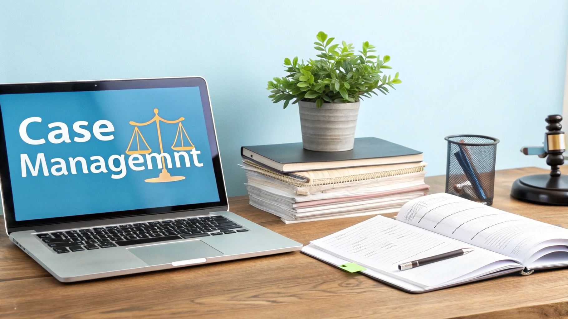 A law office desk with a laptop displaying 'Case Management' software and a gavel.