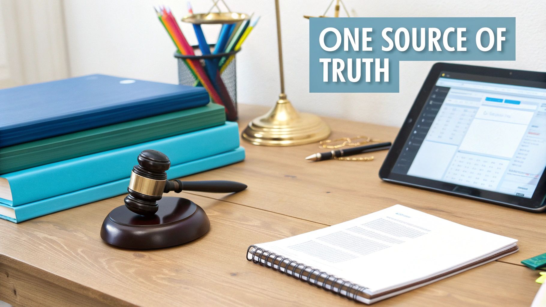 A professional desk setup featuring legal books, a gavel, a tablet, and the text "ONE SOURCE OF TRUTH".