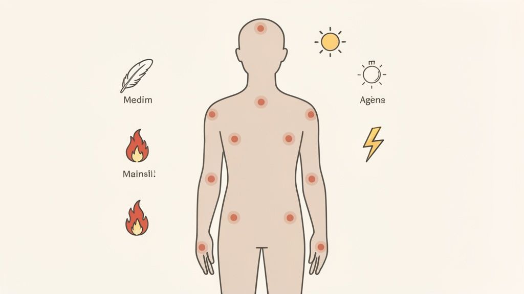 Illustration of a human body with red spots, surrounded by icons like a feather, sun, fire, and lightning bolt.