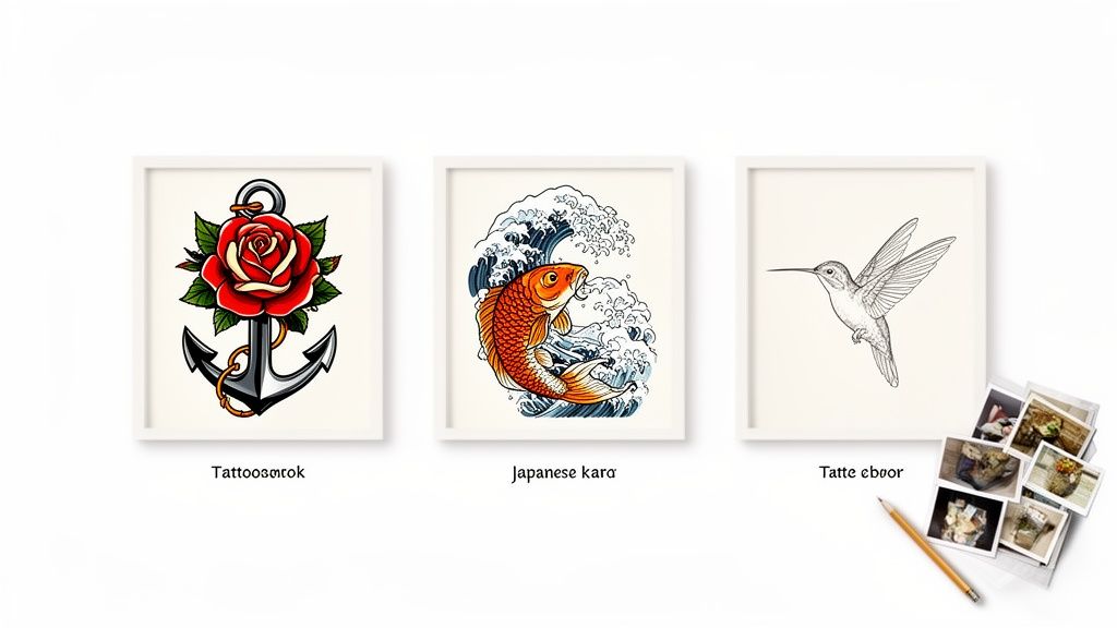 Three framed wall art prints: a rose and anchor tattoo, a vibrant Japanese koi fish in a wave, and a delicate hummingbird sketch.
