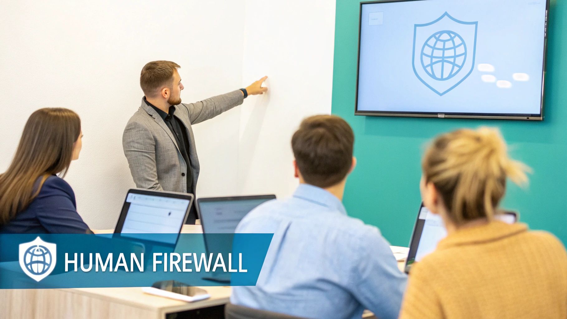 A presenter points during a cybersecurity awareness training session, with a screen showing a shield and globe icon.