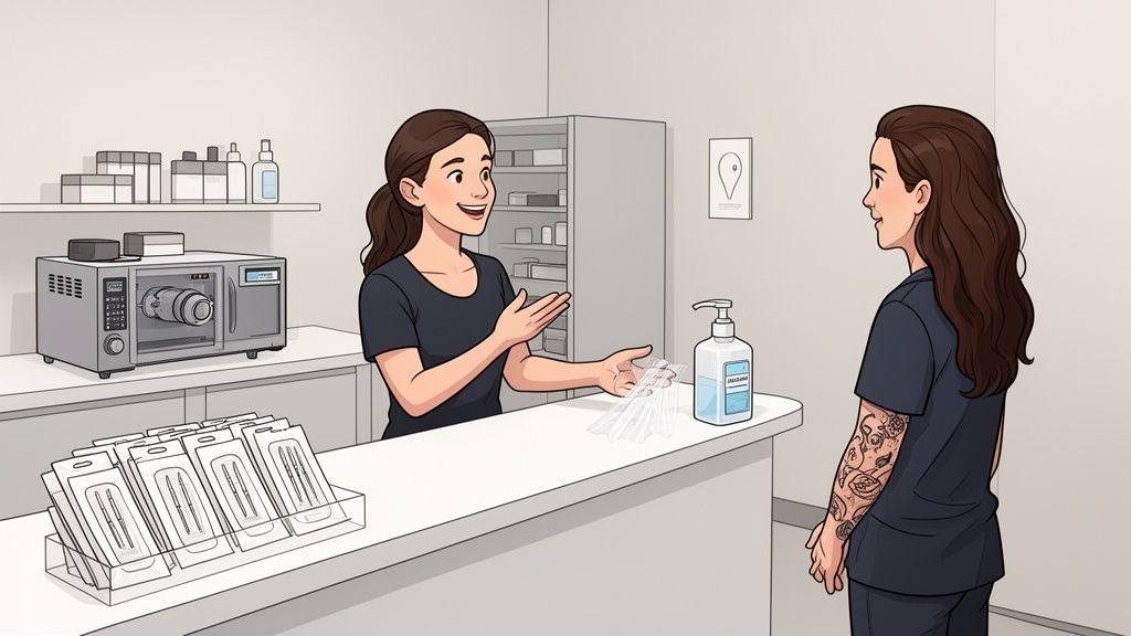 A studio worker shows sterile tools to a tattooed client in a clean shop.