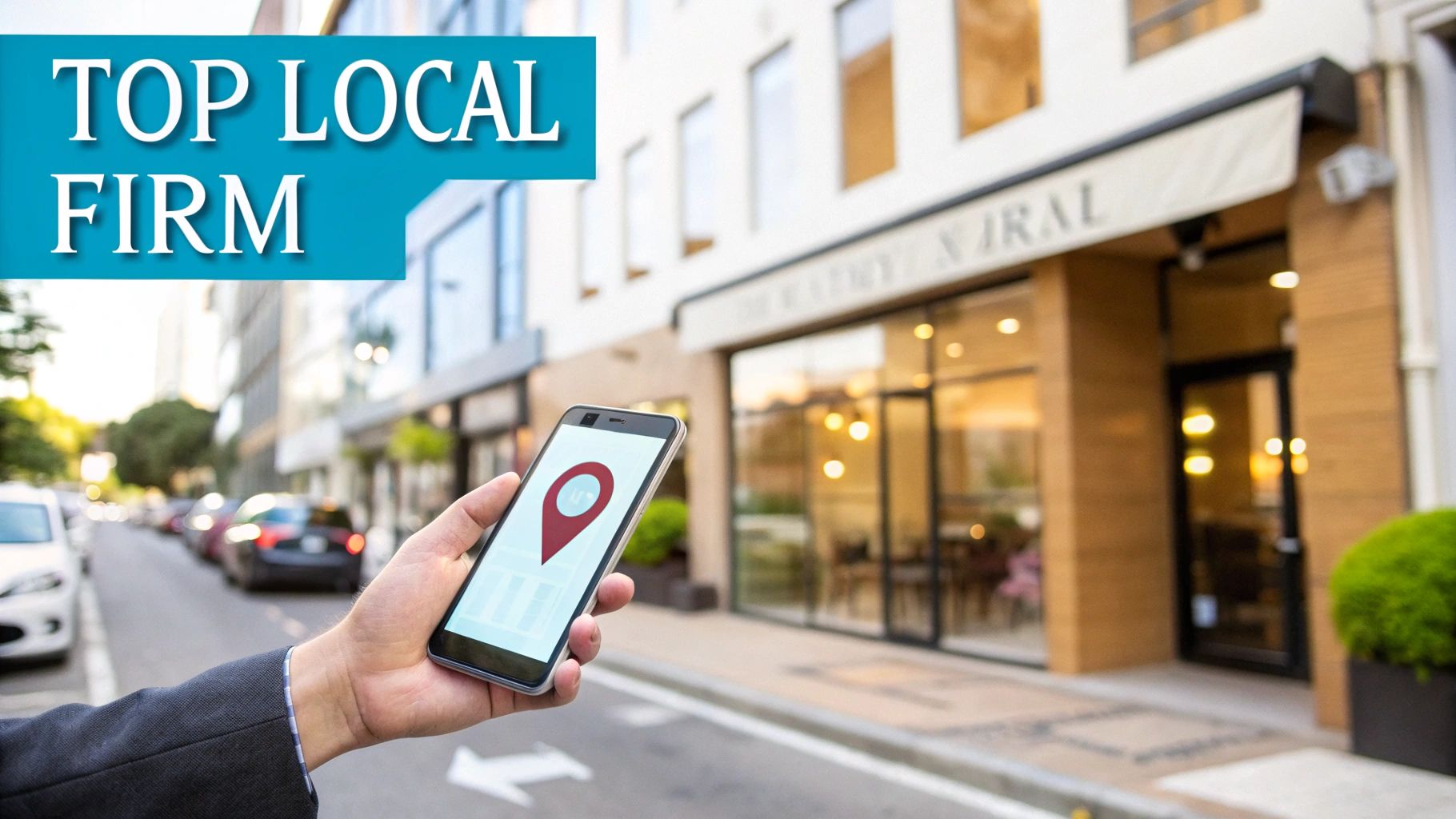 Hand holding a smartphone displaying a location pin, representing a top local firm on a city street.