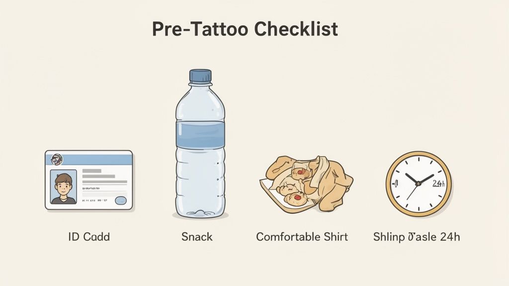 A pre-tattoo checklist image showing an ID card, water bottle, snacks, and a 24-hour clock.