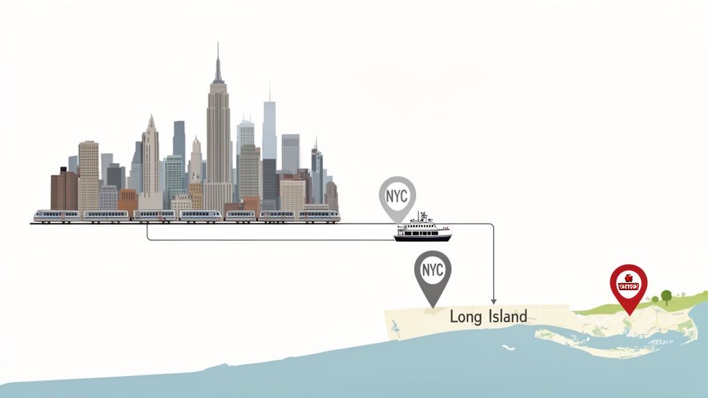 An illustrative map showing travel from New York City by train and ferry to a tattoo shop on Long Island.